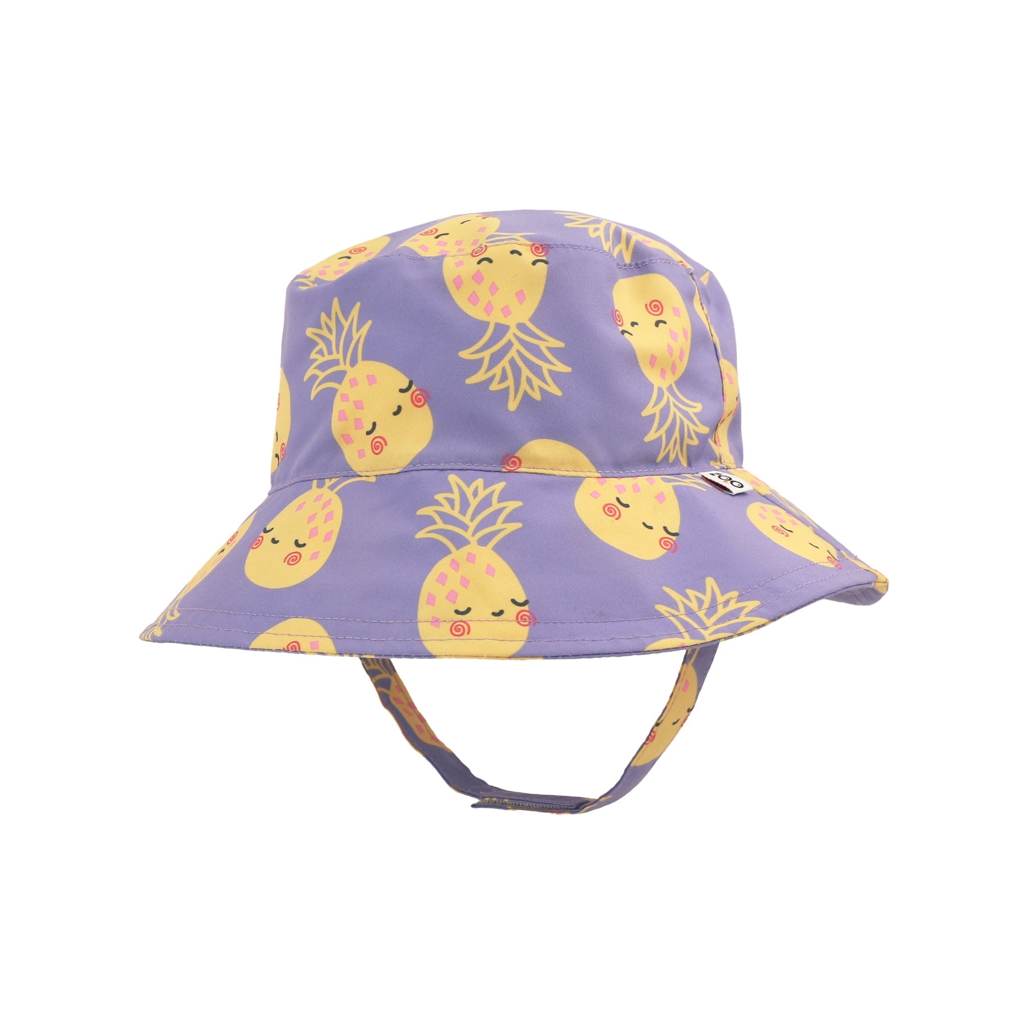 Zoocchini baby bucket sunhat in lavender purple with cute kawaii pineapple print and chin strap