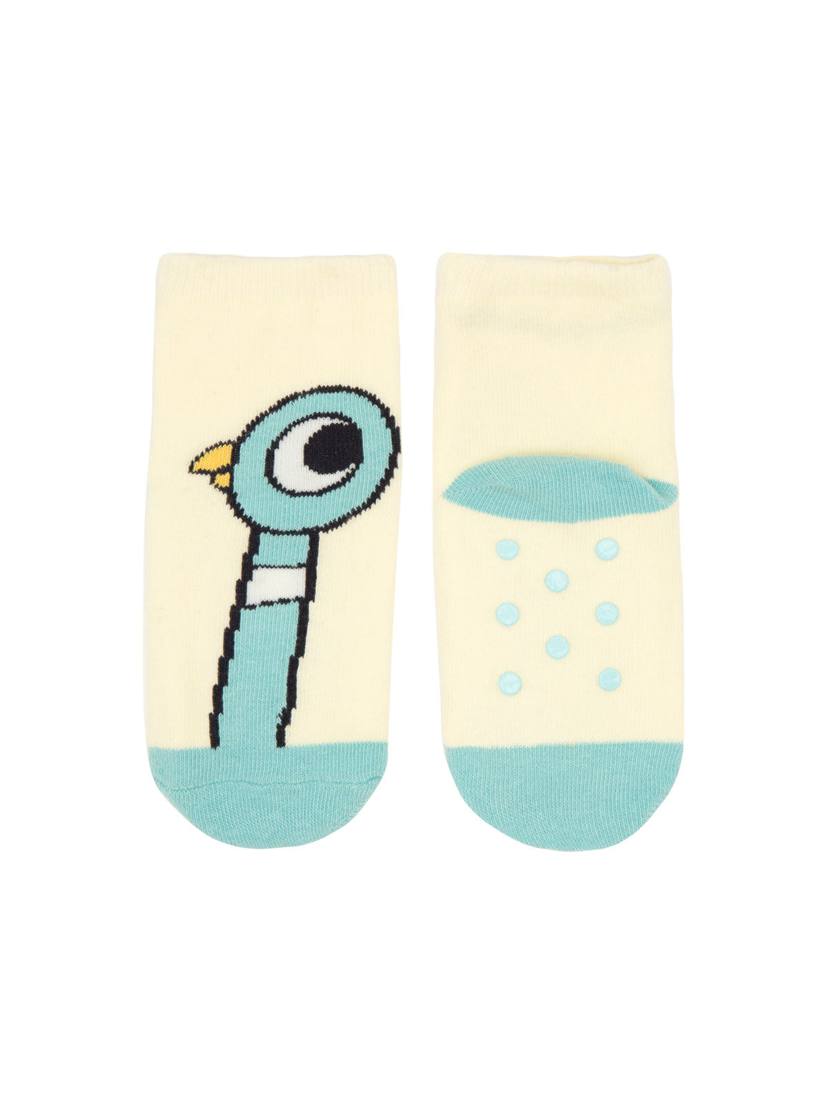 Cream and mint baby socks featuring Mo Willems bird character design with anti-slip sole dots