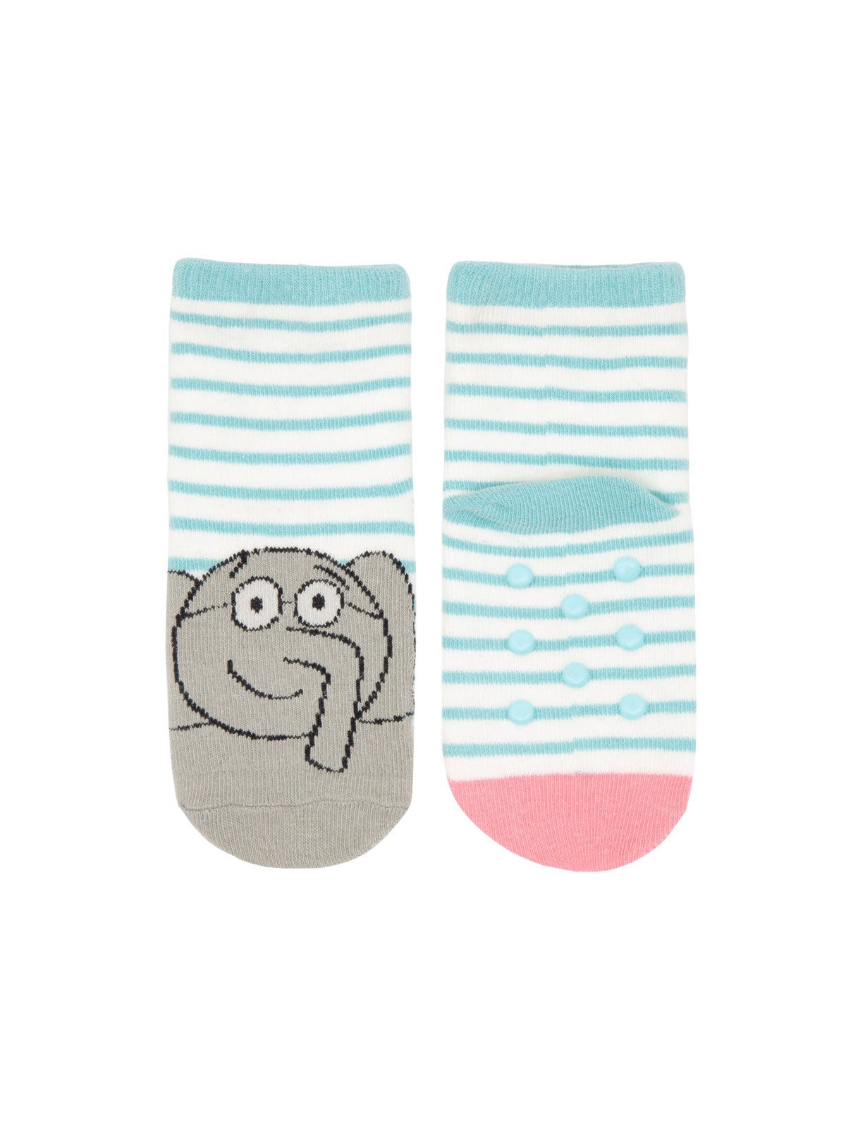 Baby socks pair featuring Mo Willems elephant character design with teal and white stripes, gray toe and pink heel