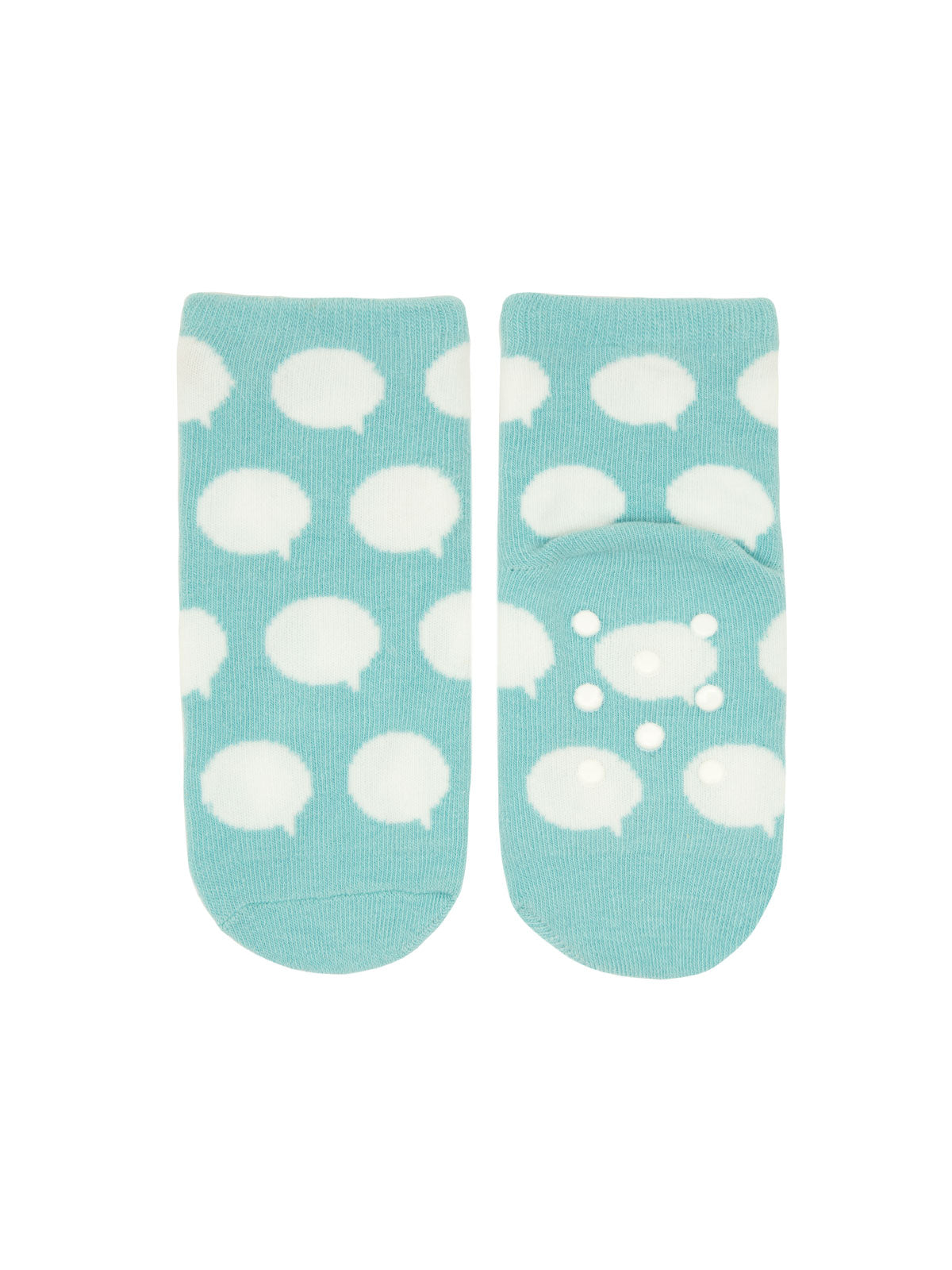 Mint green baby socks with white speech bubble pattern from Mo Willems collection
