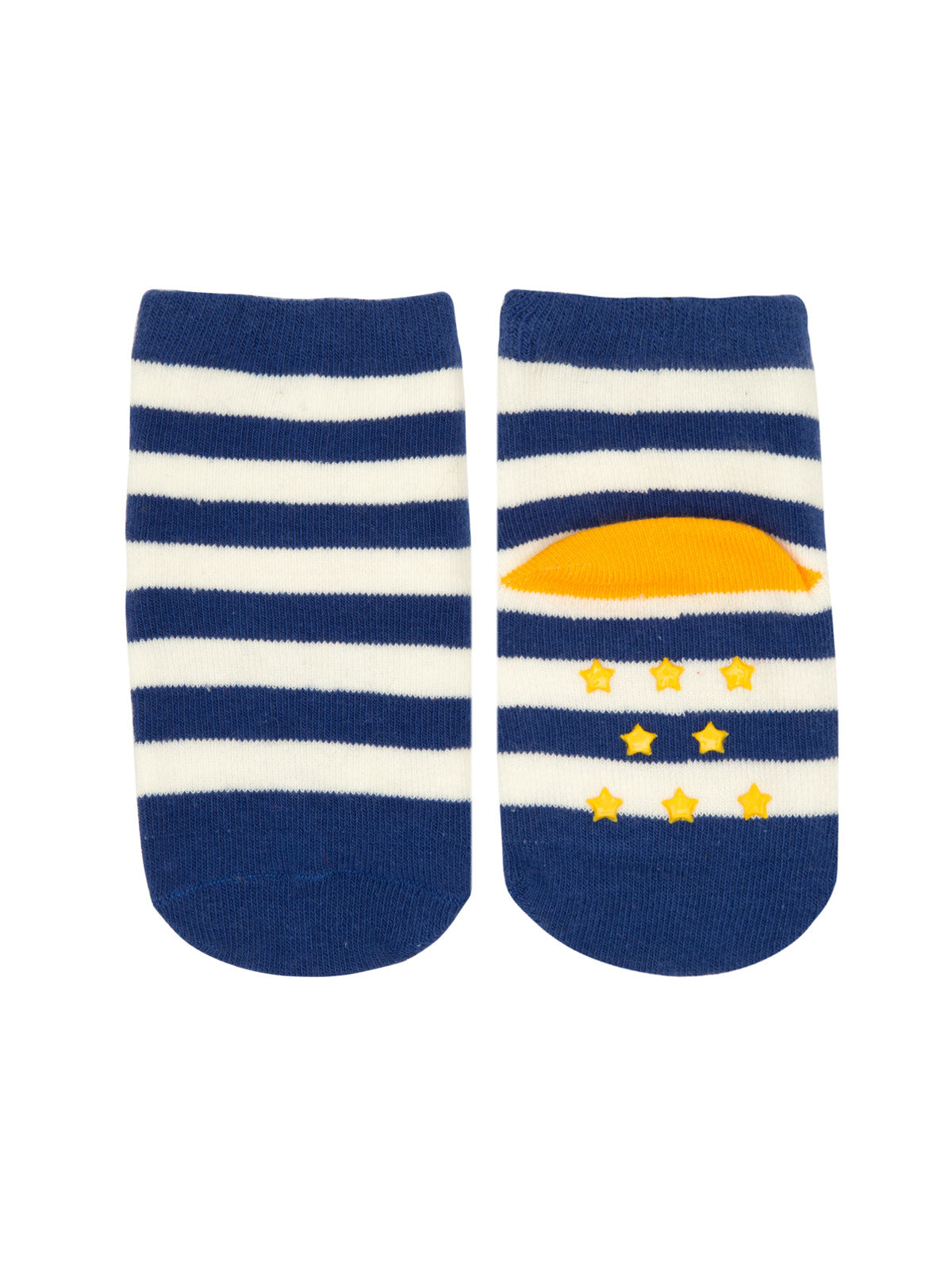 Baby socks in navy blue and white stripes with yellow sun and stars design, shown front and back