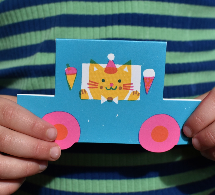 Party Cat Little Blue Car Die Cut Card