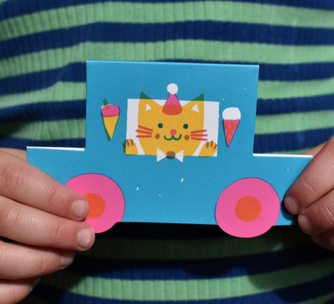 Party Cat Little Blue Car Die Cut Card