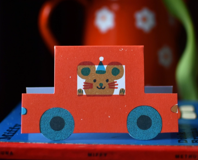 Party Mouse Little Red Car Die Cut Card