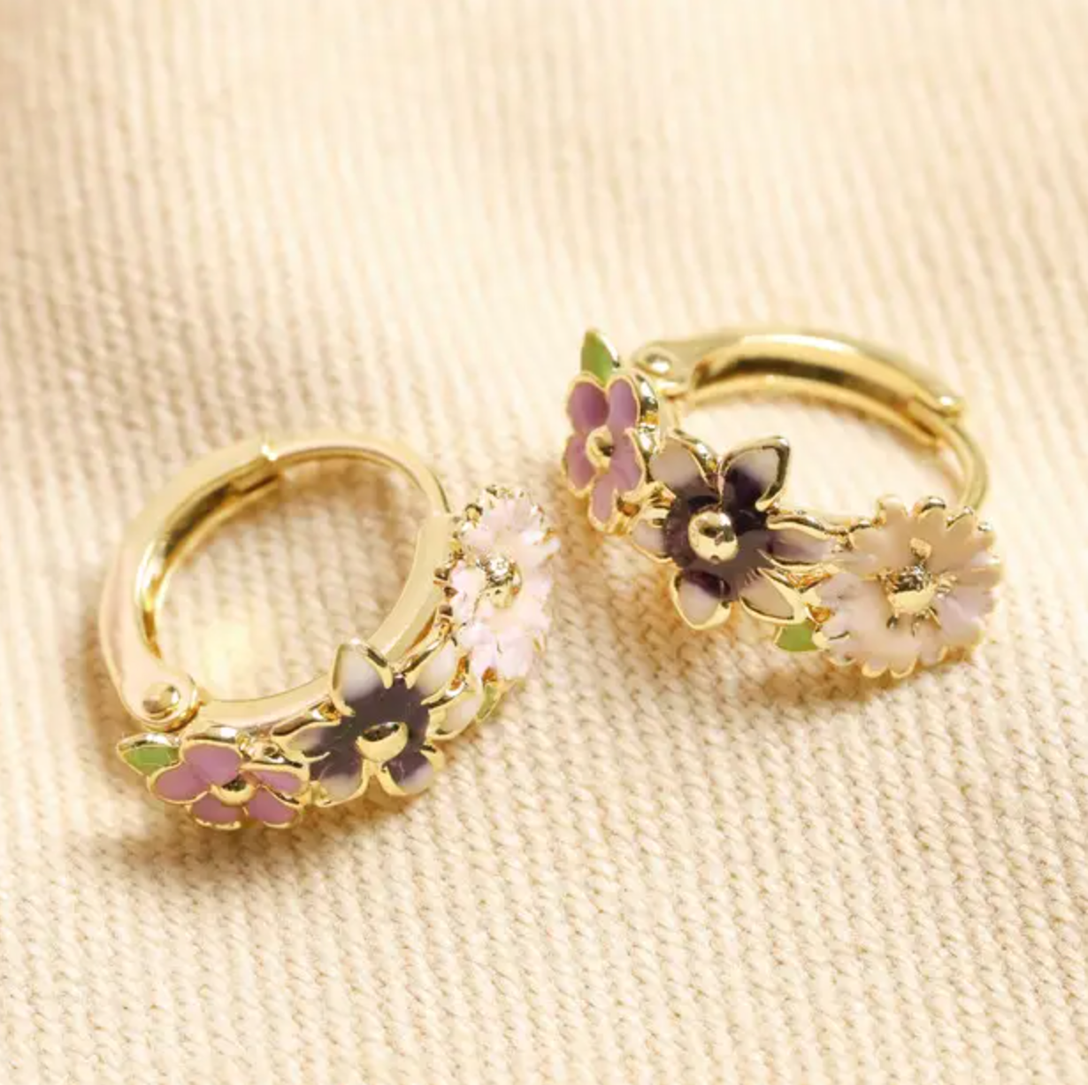 Gold Multicoloured Enamel Floral Huggie Hoop Earrings