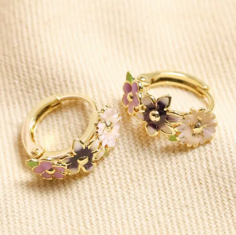 Gold Multicoloured Enamel Floral Huggie Hoop Earrings