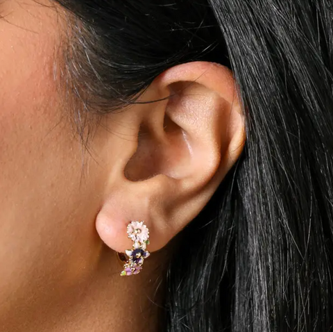 Gold Multicoloured Enamel Floral Huggie Hoop Earrings