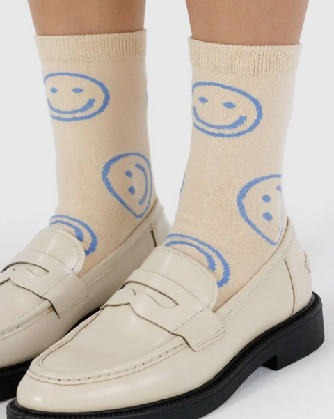 Crew Sock Ecru Periwinkle Happy