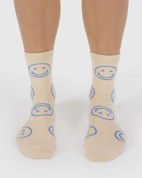 Crew Sock Ecru Periwinkle Happy