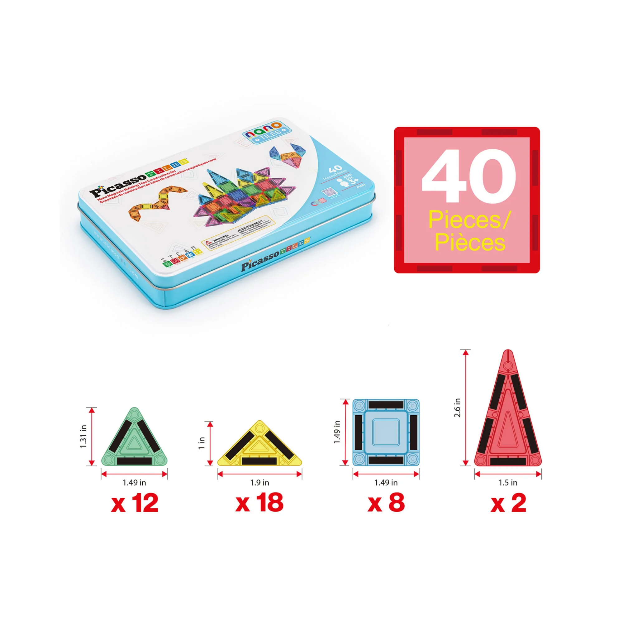 PicassoTile 40pc Nano Magnetic Building Tiles Construction Travel Set