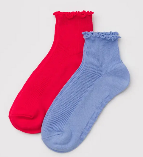 Lettuce Edge Sock Set of 2 - Light Blue & Red