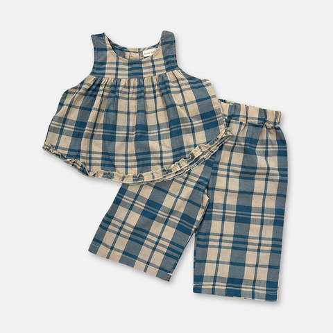 Blue & Beige Plaid Frill 2 Piece Set