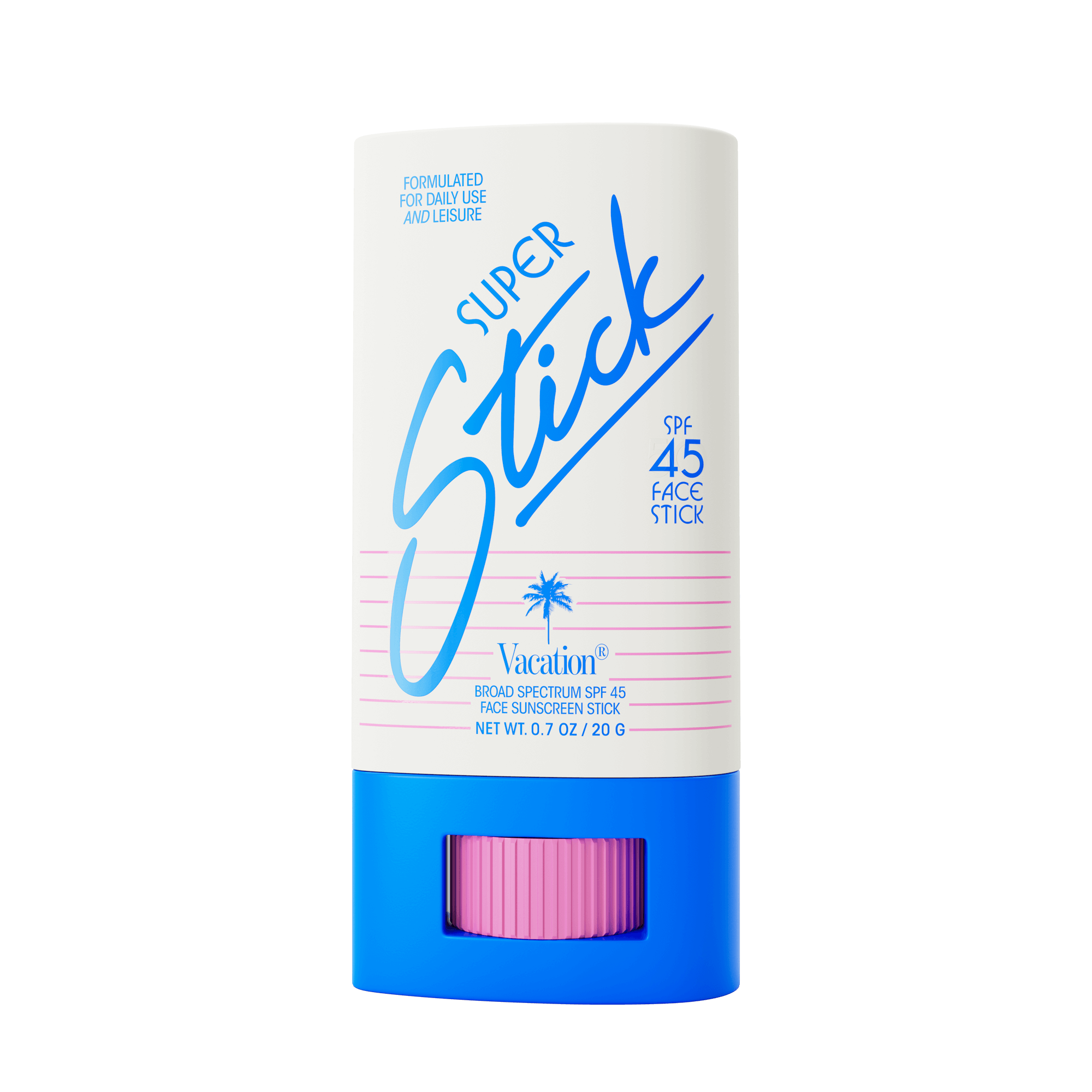Vacation Super Stick SPF 45 sunscreen face stick in white and blue packaging