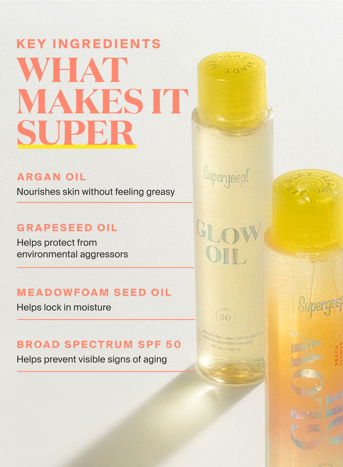 Supergoop Glow Oil SPF 50 key ingredients infographic with two product bottles on white background