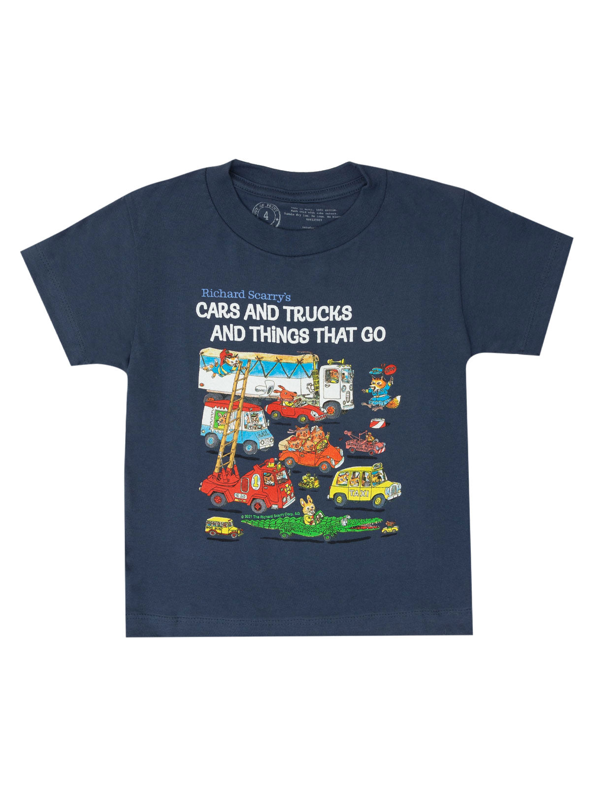 Navy blue kids' t-shirt featuring Richard Scarry's Cars and Trucks and Things That Go illustrated graphic