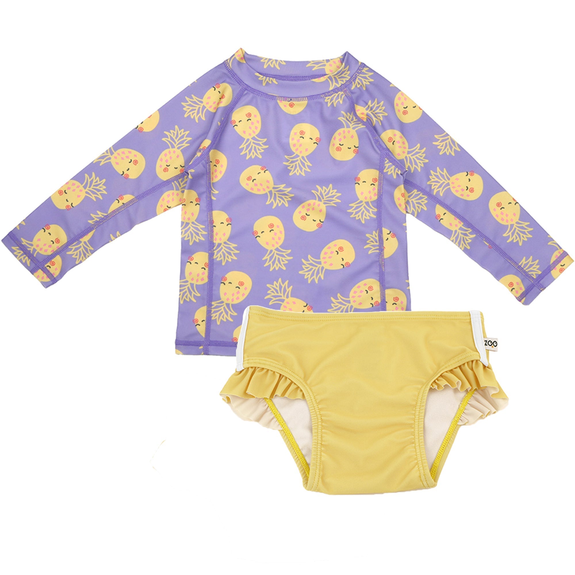 Baby girls purple pineapple-print long-sleeve rashguard top with matching yellow ruffled swim diaper bottoms