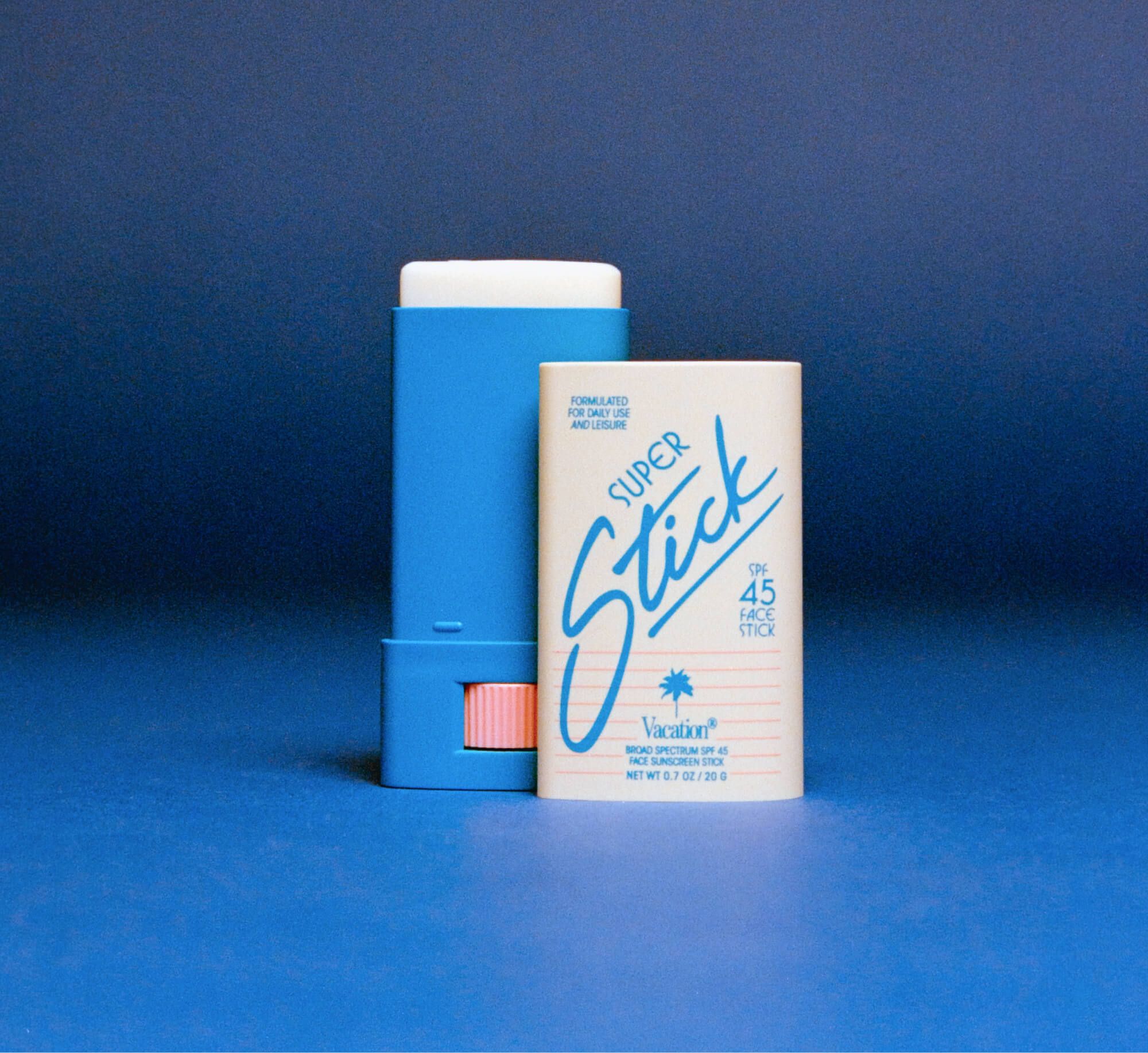 Vacation Super Stick SPF 45 face sunscreen stick in white packaging with blue accents