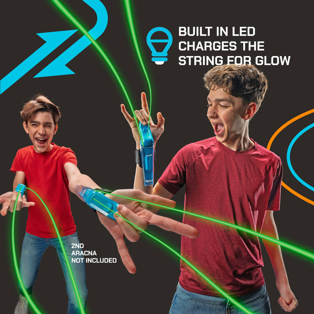 Two teens playing with ZipString Arcana glow-in-dark web shooters showing green light strings