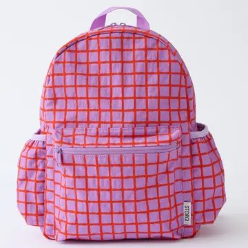 Kids backpack in purple and red grid check pattern with side pockets