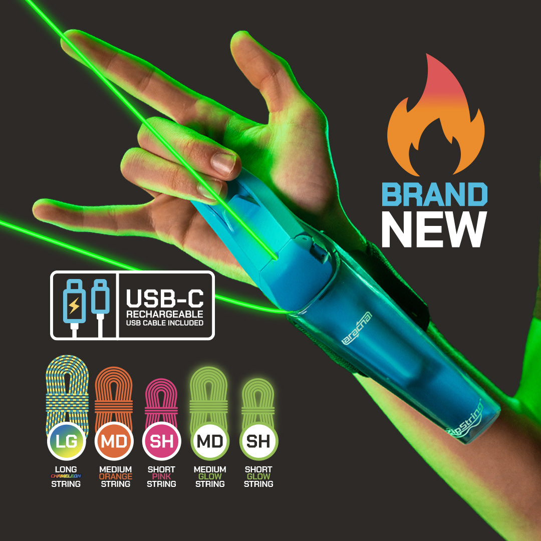 Hand wearing blue ZipString Arcana device with green glow effects and product specifications