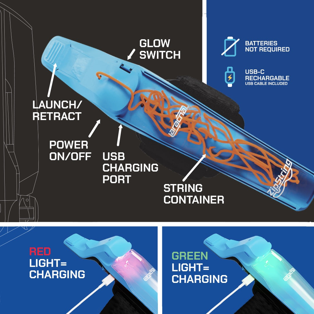 Blue ZipString Arcana glow-in-the-dark web shooter with labeled features and charging indicators