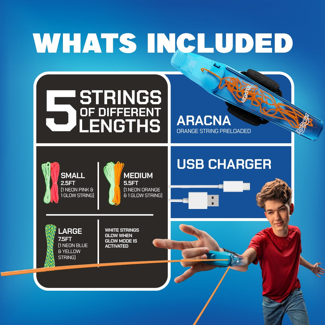 ZipString Arcana glow-in-the-dark web shooter product details with included strings and USB charger