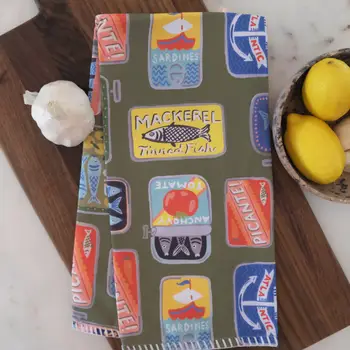 Tinned Fish Cotton Tea Towel with Embroidered Detail