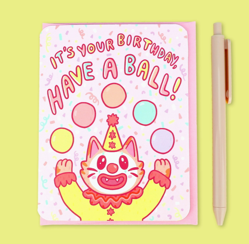 Have A Ball Clown Cat Birthday Greeting Card