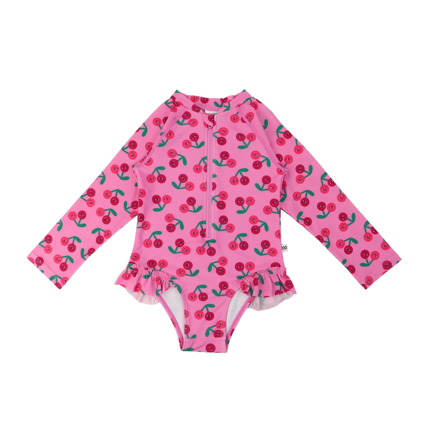 Pink long-sleeve ruffled one-piece rash guard swimsuit with red cherry print for girls