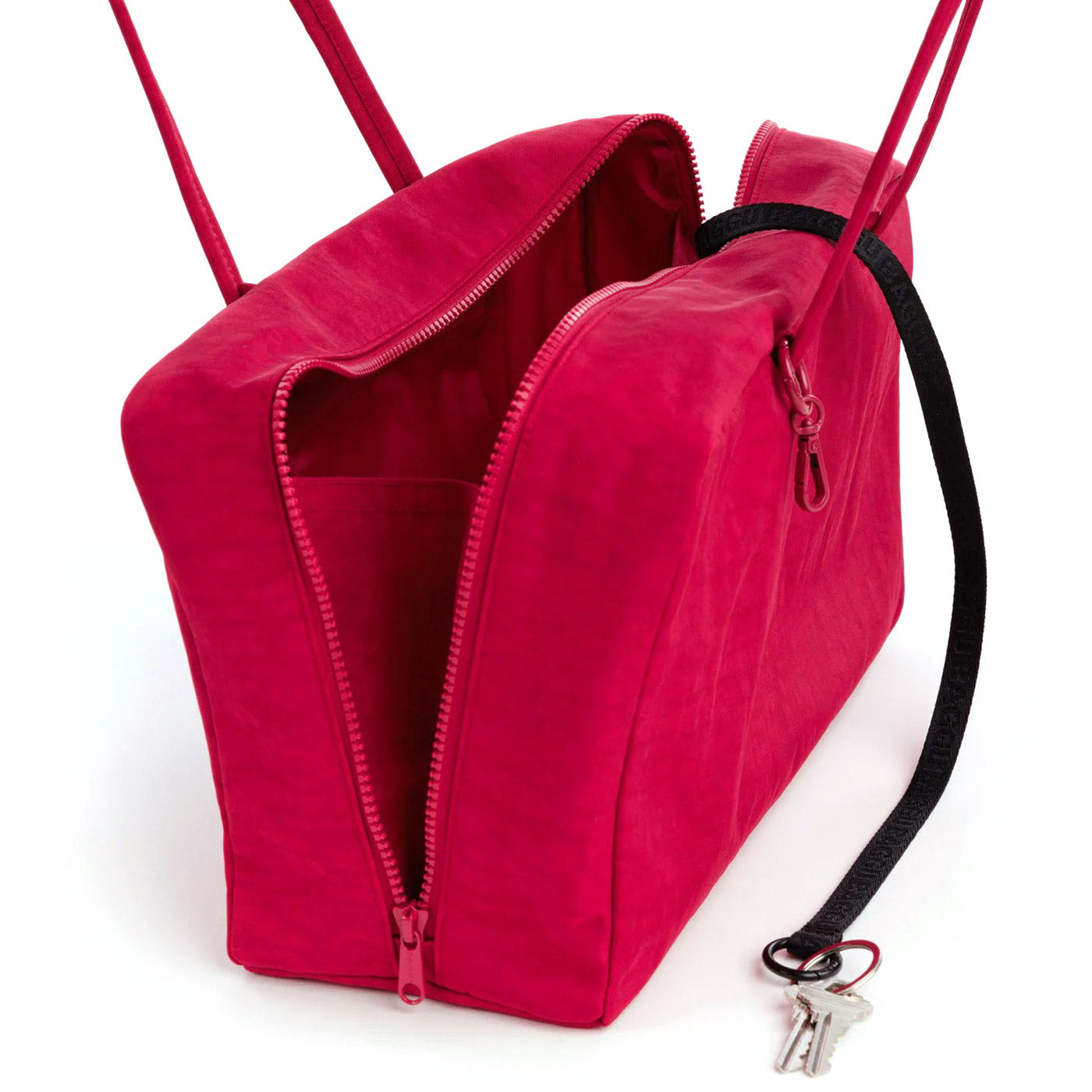 Baggu Medium Nylon Bowler Bag in cherry red with open side zipper and black key strap