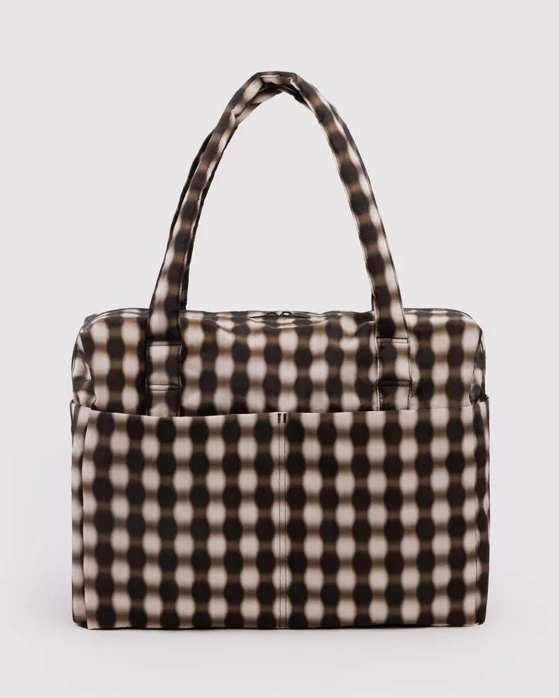 Baggu Small Cloud Carry-On tote bag in blurred gingham brown and cream pattern
