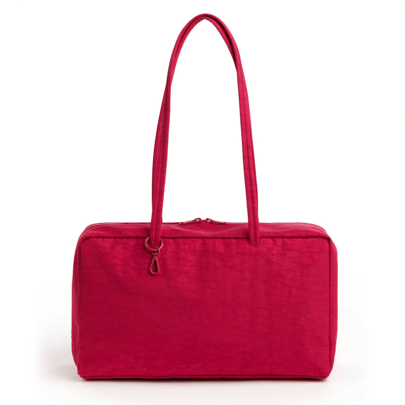 Baggu Medium Nylon Bowler Bag in cherry red with long shoulder straps and zipper closure