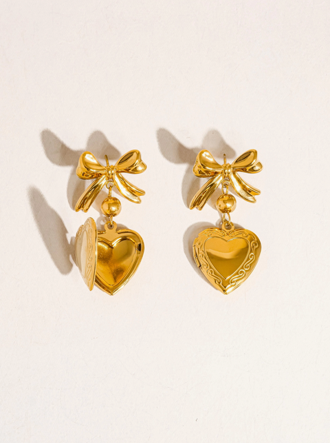 Keryn 18K Non-Tarnish Heart and Bow Locket Earring Yellow Gold