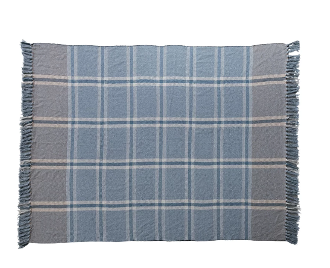 Woven Recycled Cotton Blend Throw w/ Fringe Blue Plaid - Stay Forever