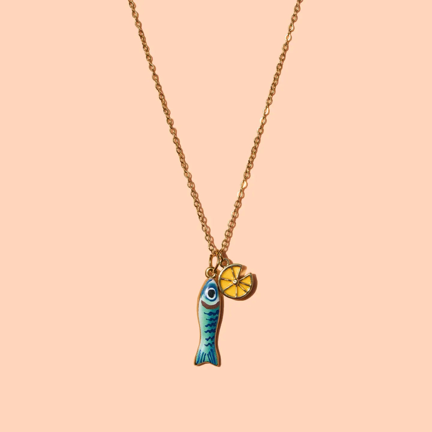 Gold-plated necklace with teal enamel sardine fish and yellow lemon slice charms