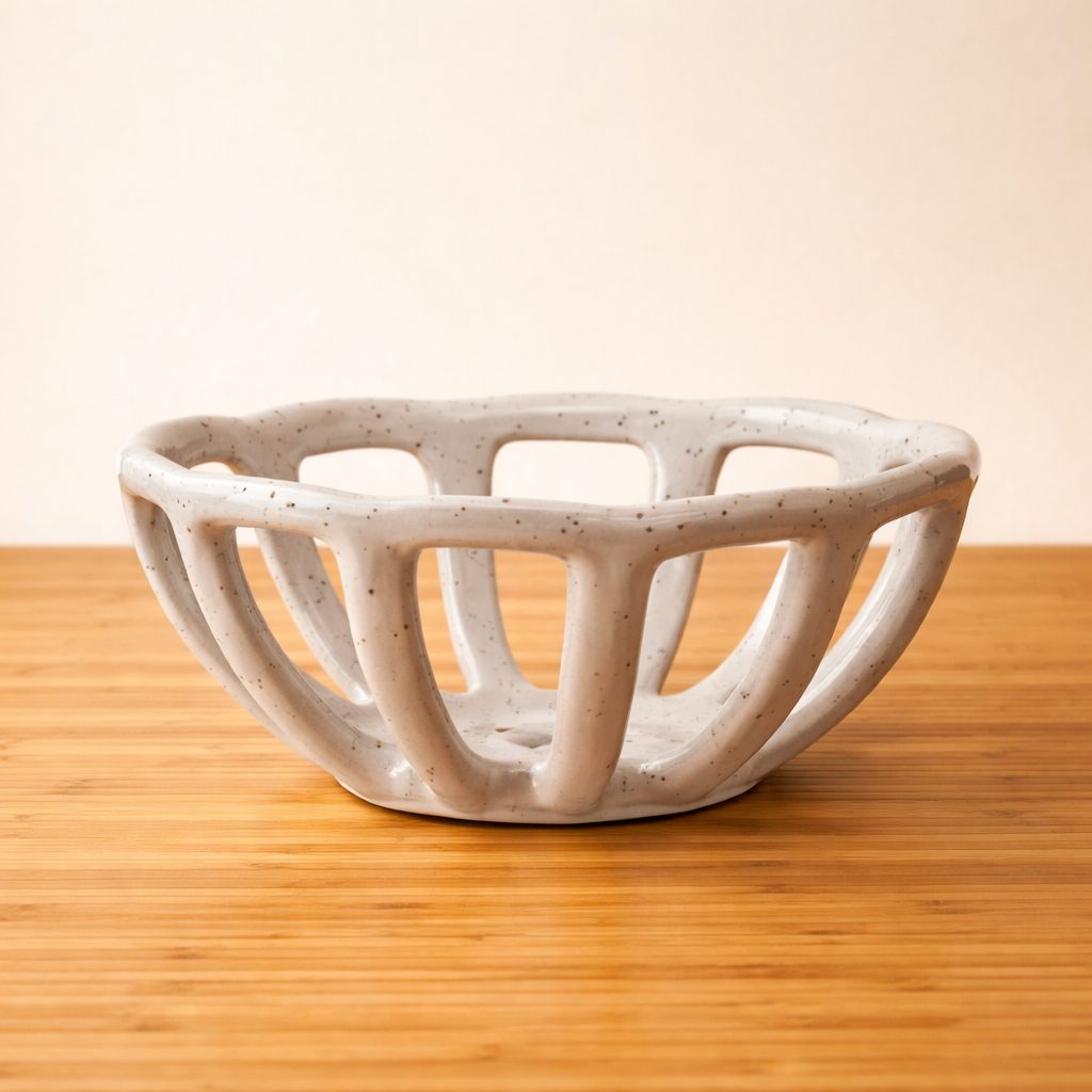 White ceramic bowl with a textured surface on a wooden table