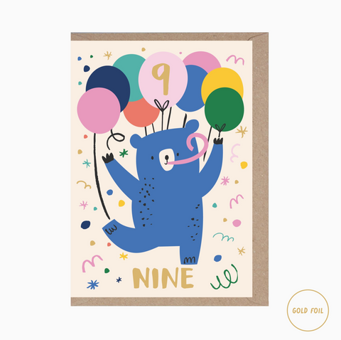 9 Year Old Bear Birthday Card