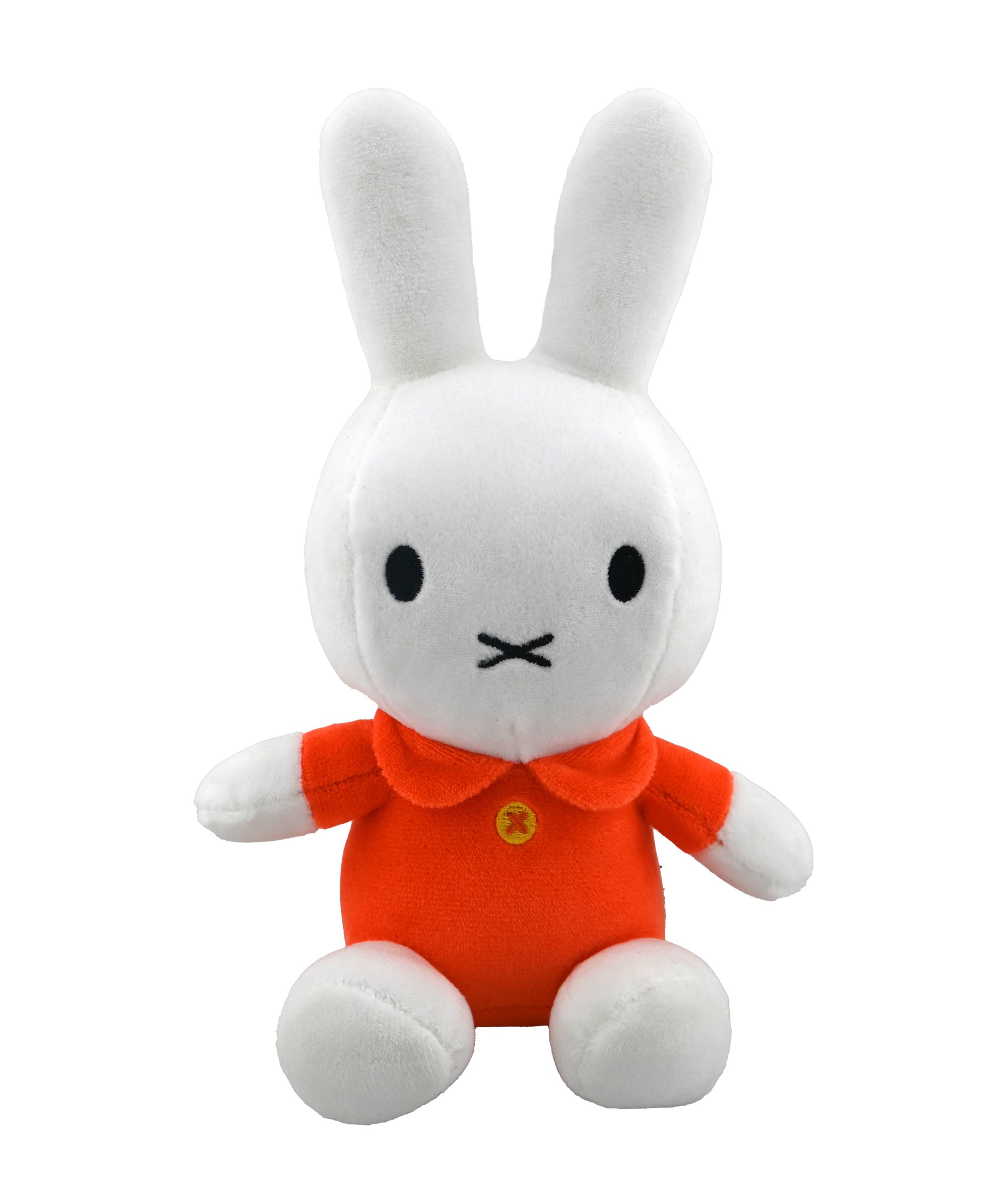Miffy white plush bunny beanbag toy wearing bright orange dress with yellow button detail