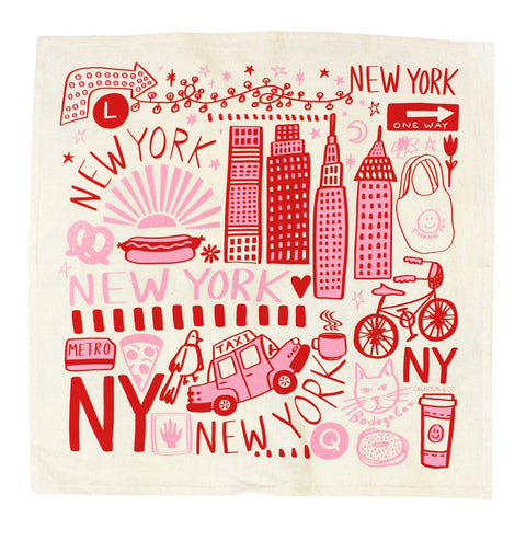 New York Screen Printed Tea Towel  Big Apple Pink Red