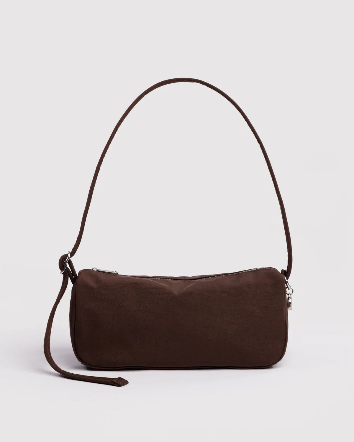 Baggu Nylon Loaf Bag in coffee brown with single shoulder strap and silver zipper hardware