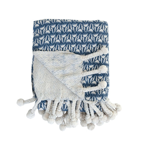 Cotton Printed Throw w/ Braided Pom Poms