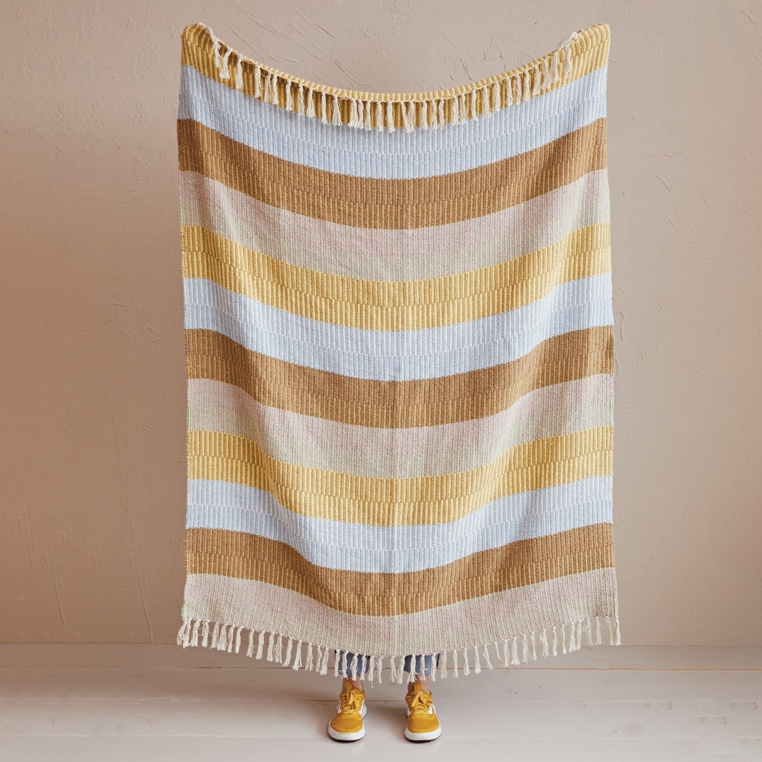 Blue & Gold Recycled Cotton Blend Throw w/ Stripes & Fringe