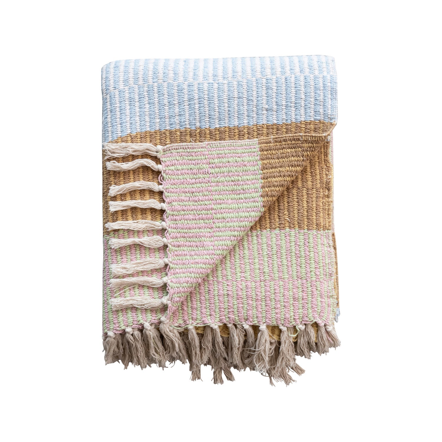 Blue & Gold Recycled Cotton Blend Throw w/ Stripes & Fringe
