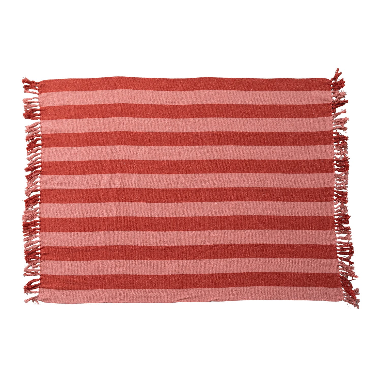 Woven Recycled Cotton Blend Throw with Stripes & Fringes Red & Pink