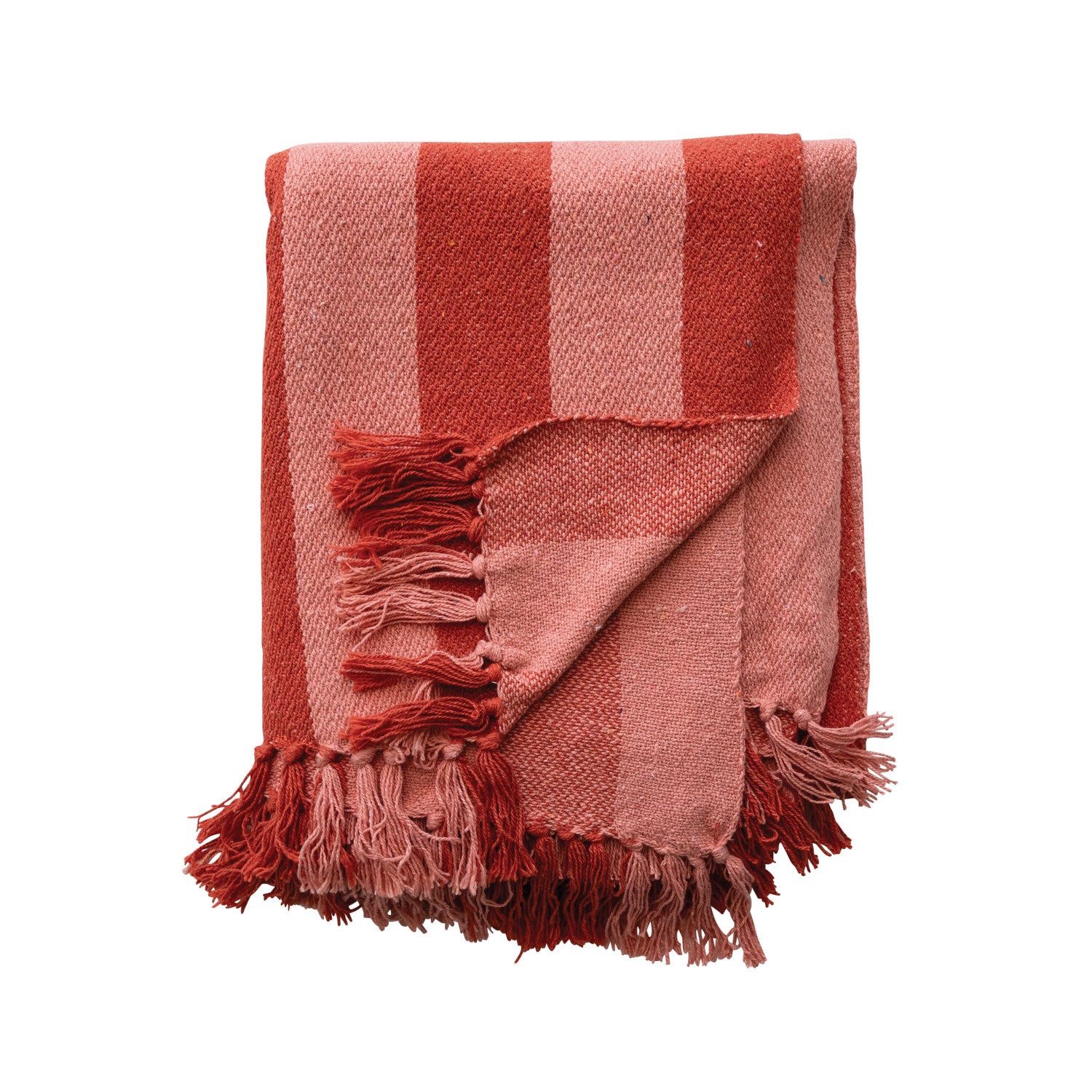 Woven Recycled Cotton Blend Throw with Stripes & Fringes Red & Pink