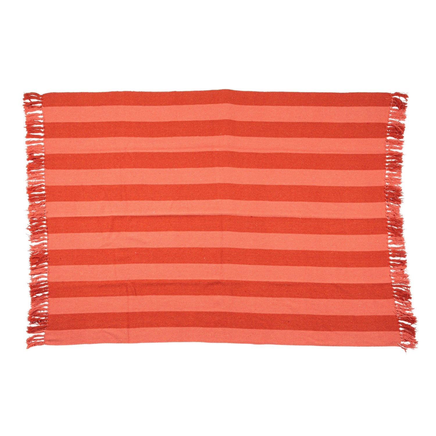 Woven Recycled Cotton Blend Throw with Stripes & Fringes Red & Pink