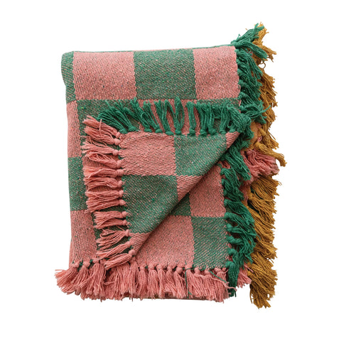 Two-Tone Checked Throw with Fringe