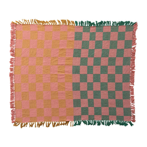 Two-Tone Checked Throw with Fringe
