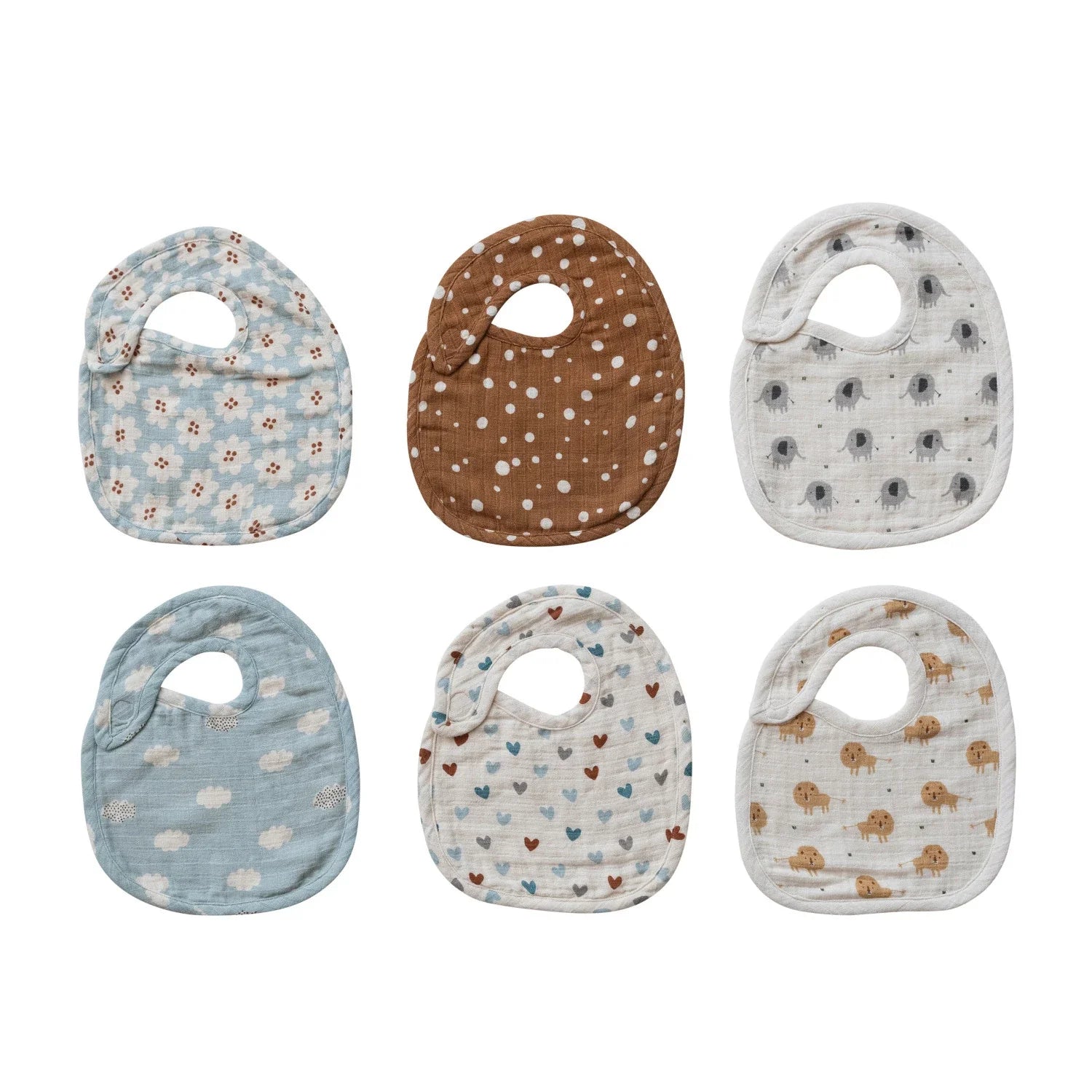 Set of six cotton double cloth baby bibs with various printed patterns including florals, polka dots, elephants, clouds, h...
