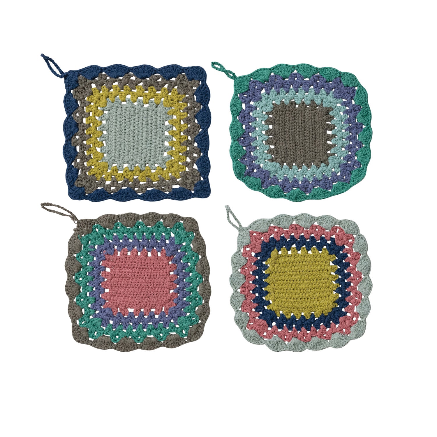 8" Sq Cotton Crocheted Scalloped Pot Holder, 4 Styles